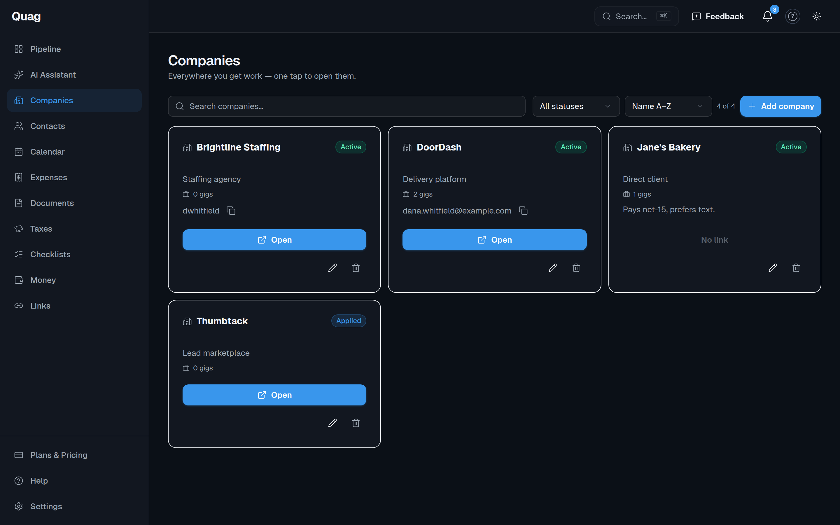 The Companies page with launch links and status badges