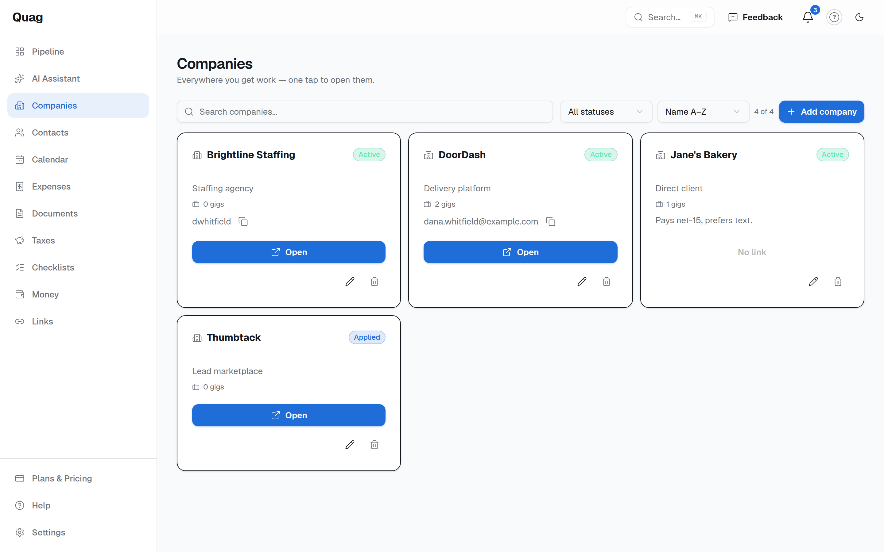 The Companies page with launch links and status badges