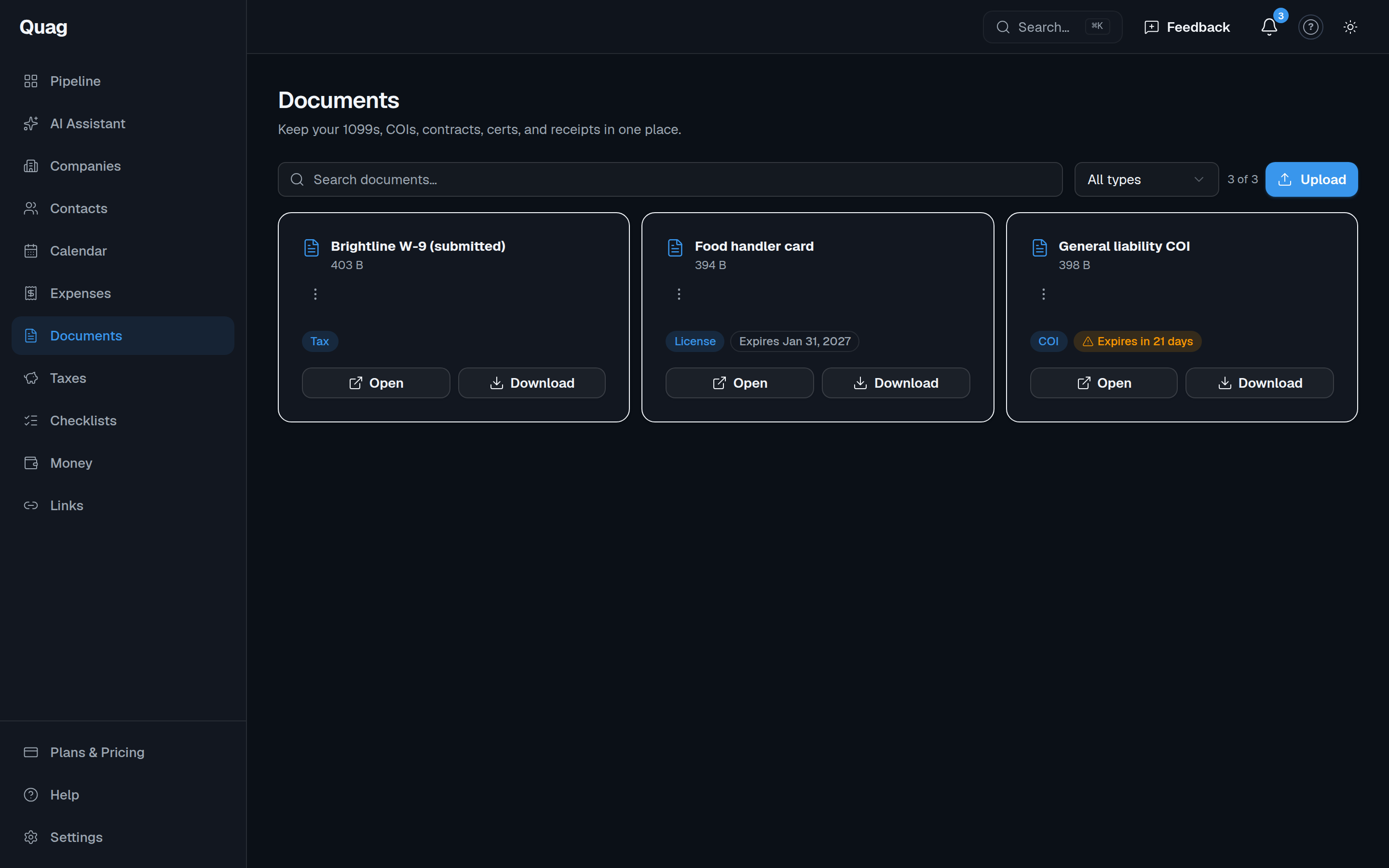 The Documents page with category badges and expiry warnings