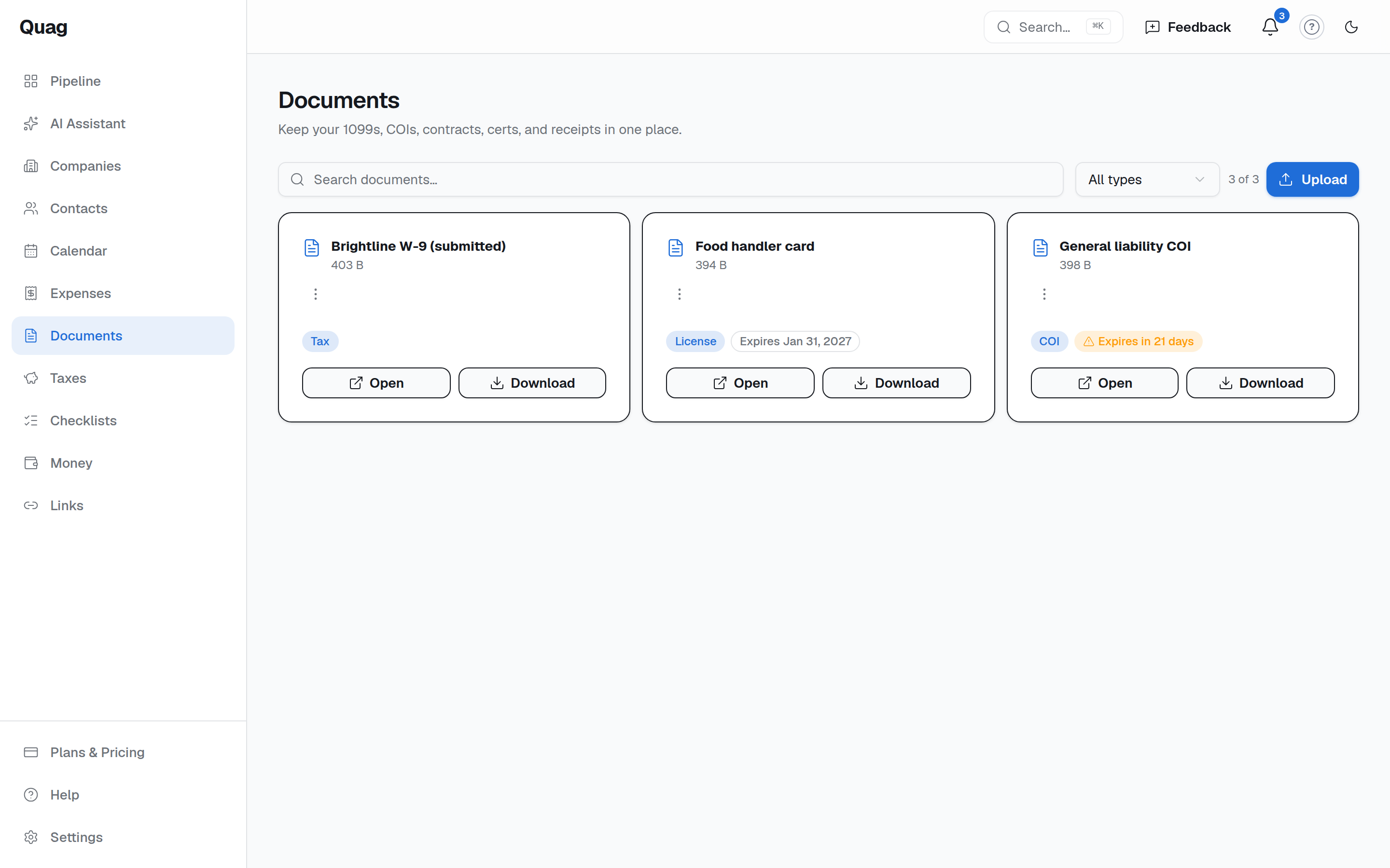 The Documents page with category badges and expiry warnings
