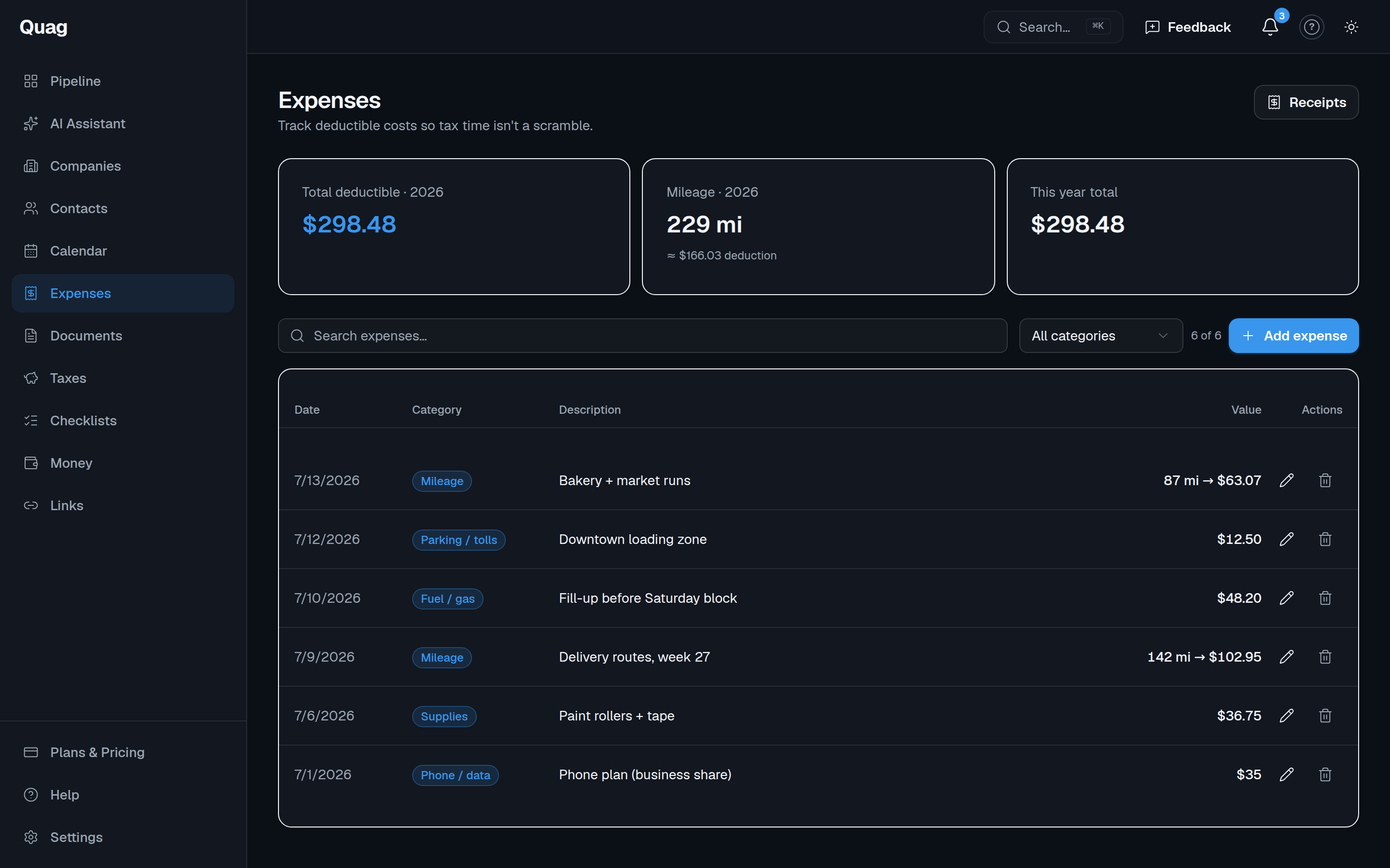The Expenses page with yearly totals and a list of logged expenses