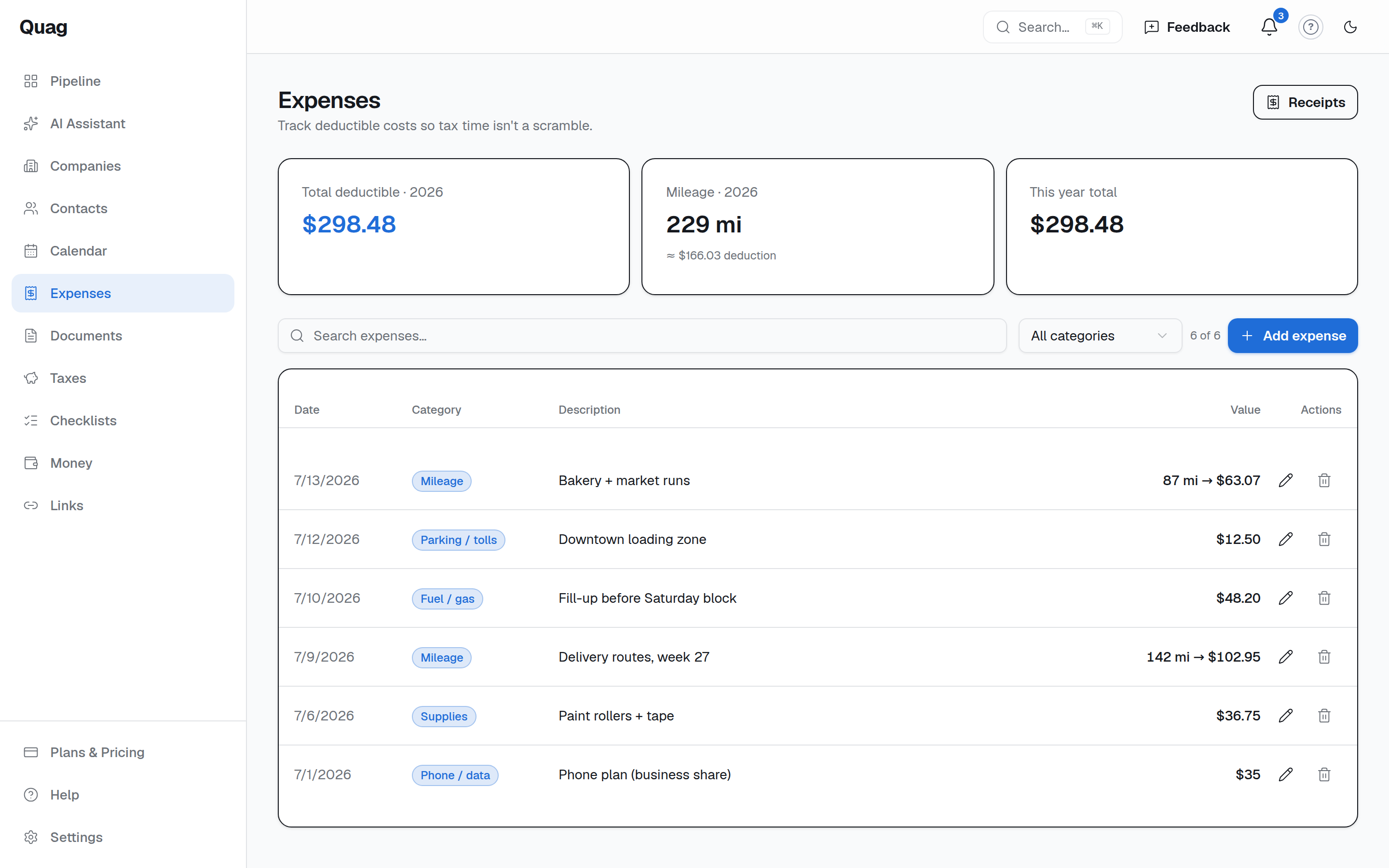 The Expenses page with yearly totals and a list of logged expenses