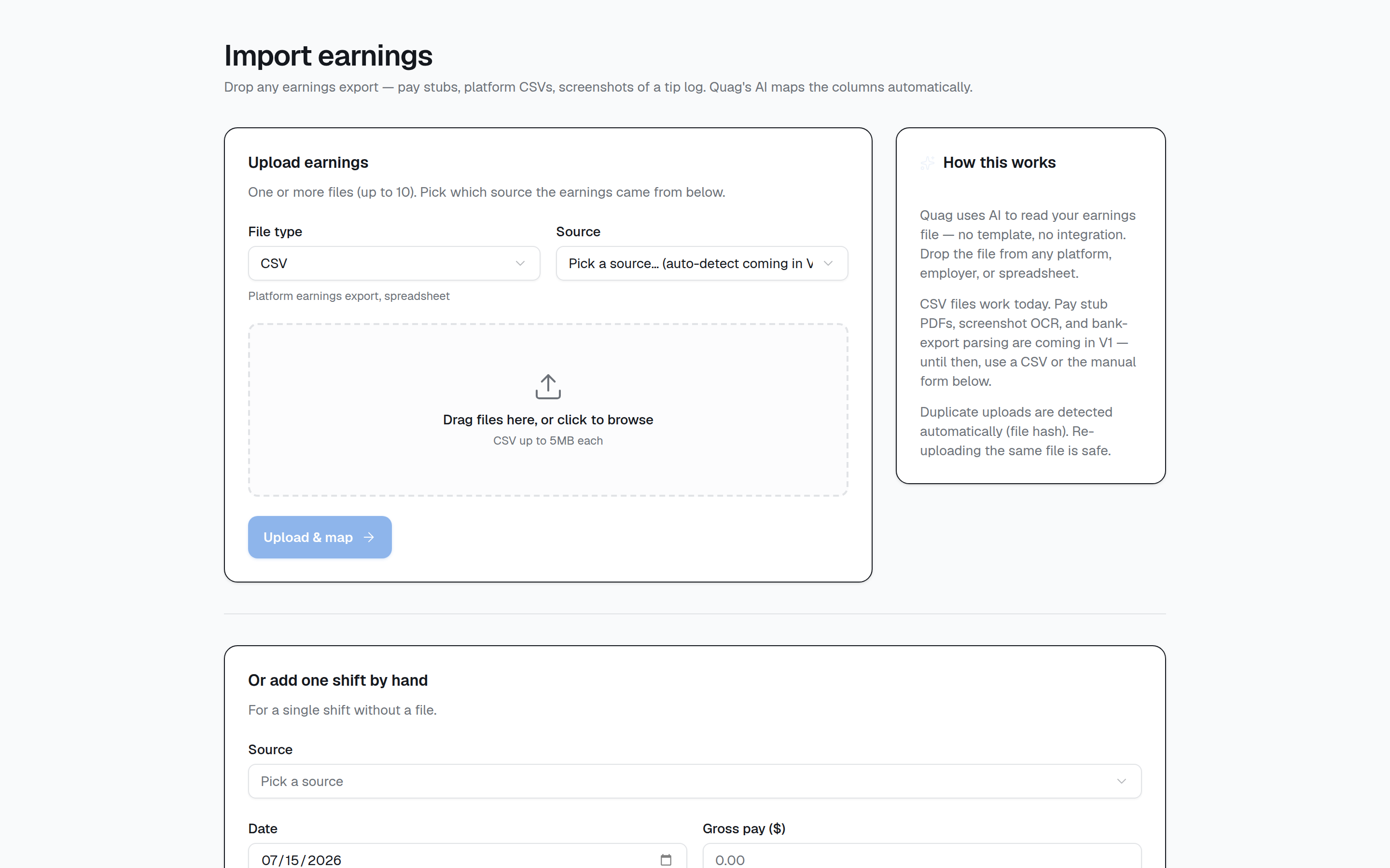 The Import earnings page with a file drop zone and a manual shift form