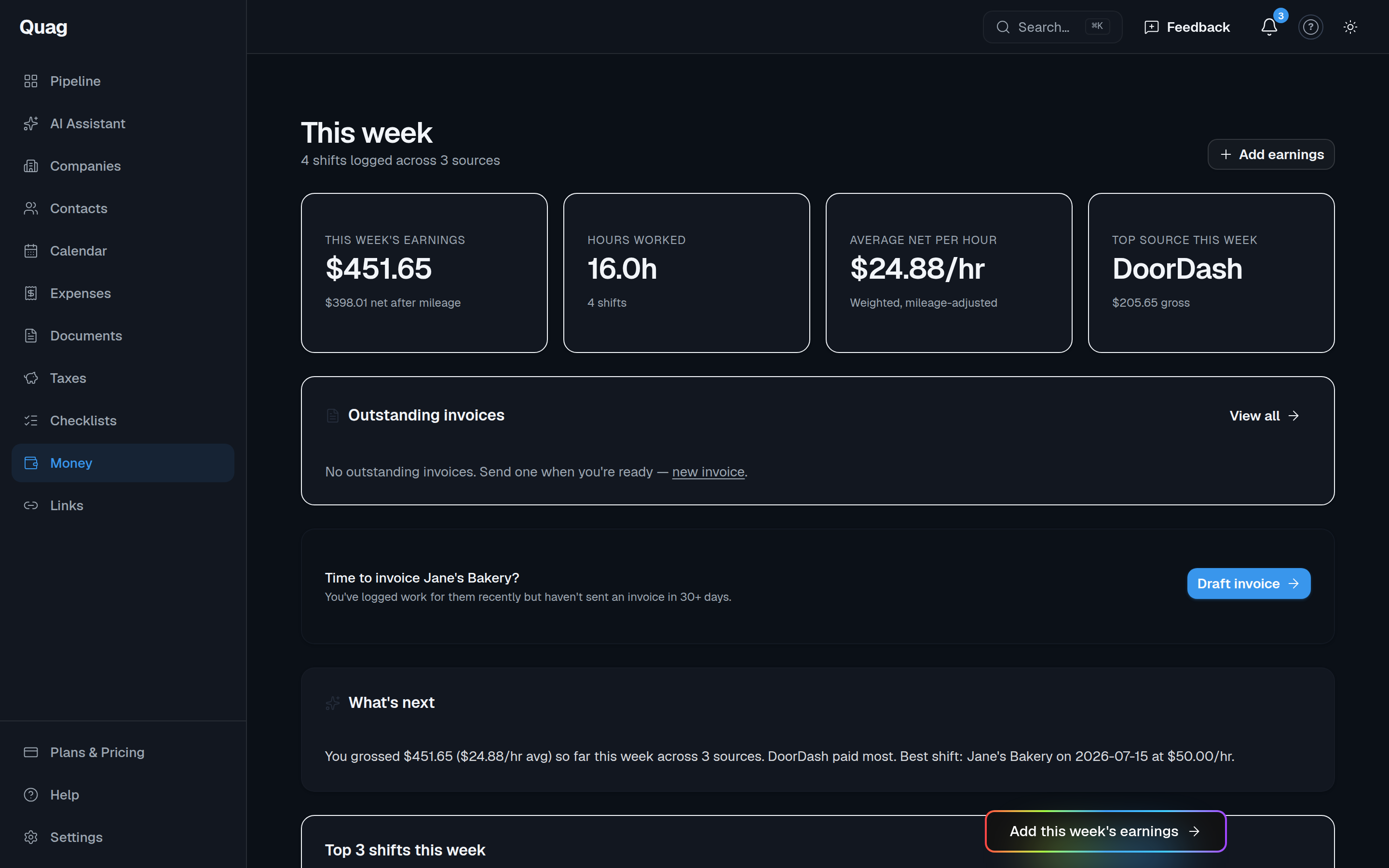 The Money page with weekly earnings, hours and net-per-hour tiles