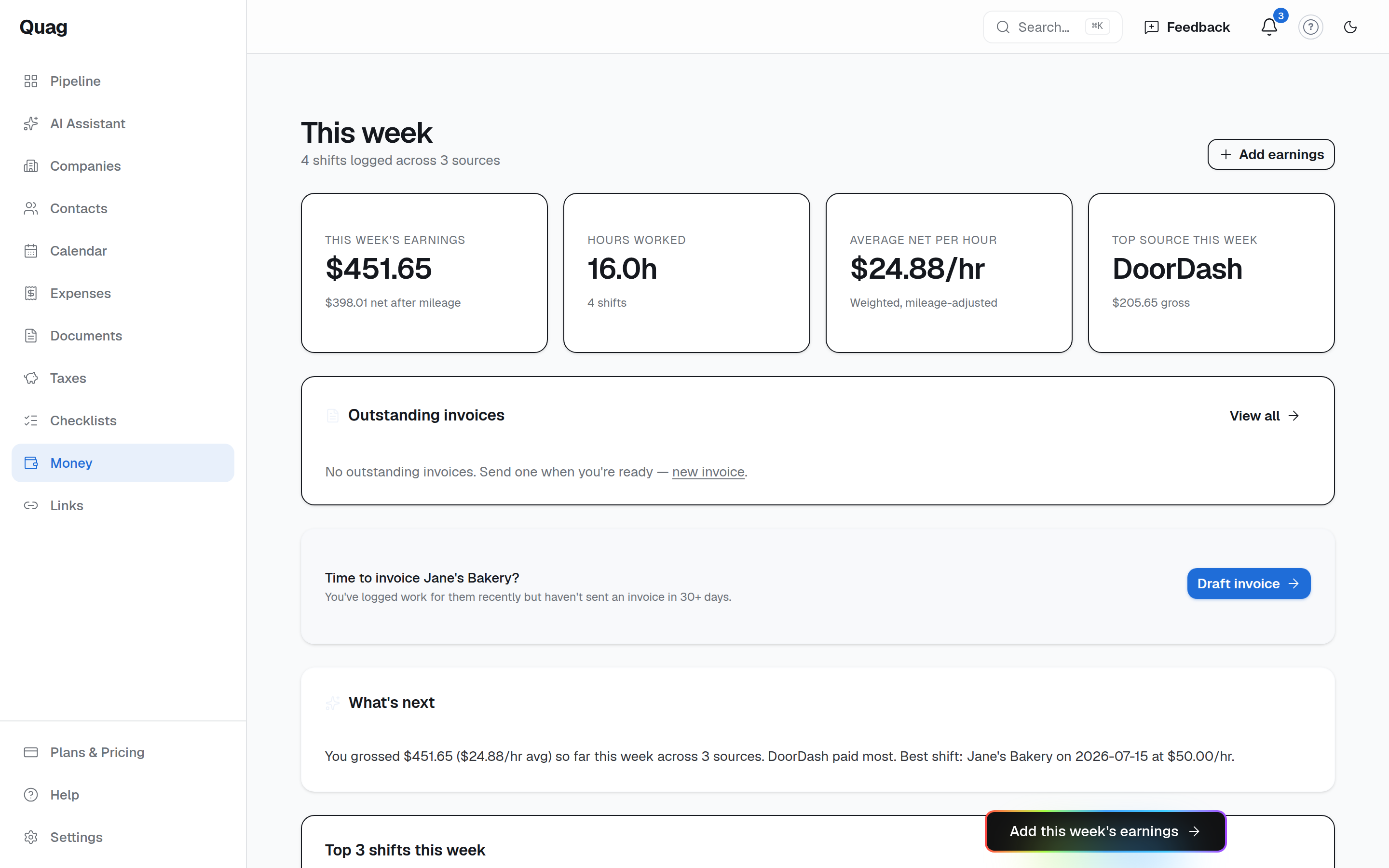 The Money page with weekly earnings, hours and net-per-hour tiles