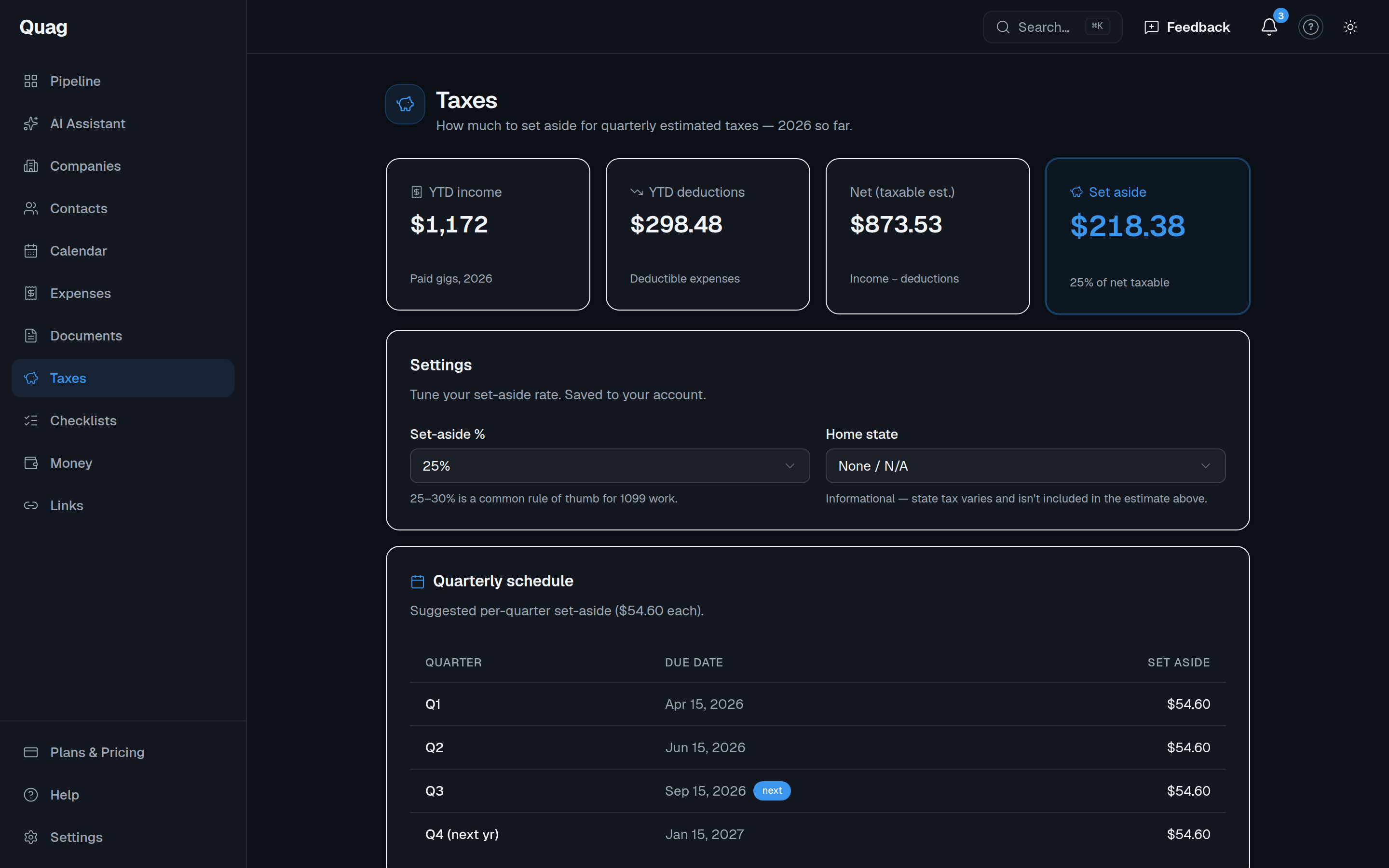 The Taxes page showing YTD income, deductions and a recommended set-aside