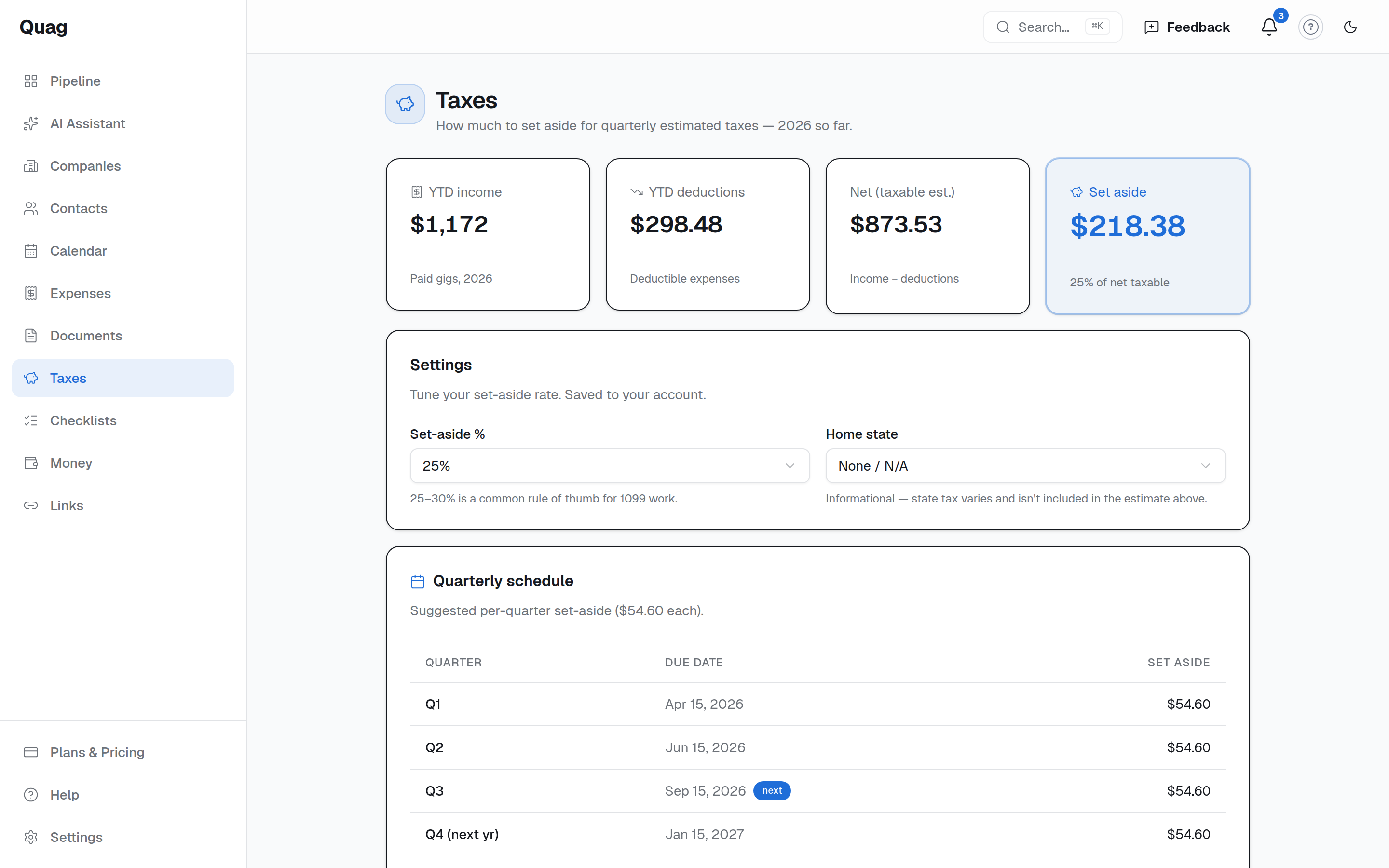 The Taxes page showing YTD income, deductions and a recommended set-aside